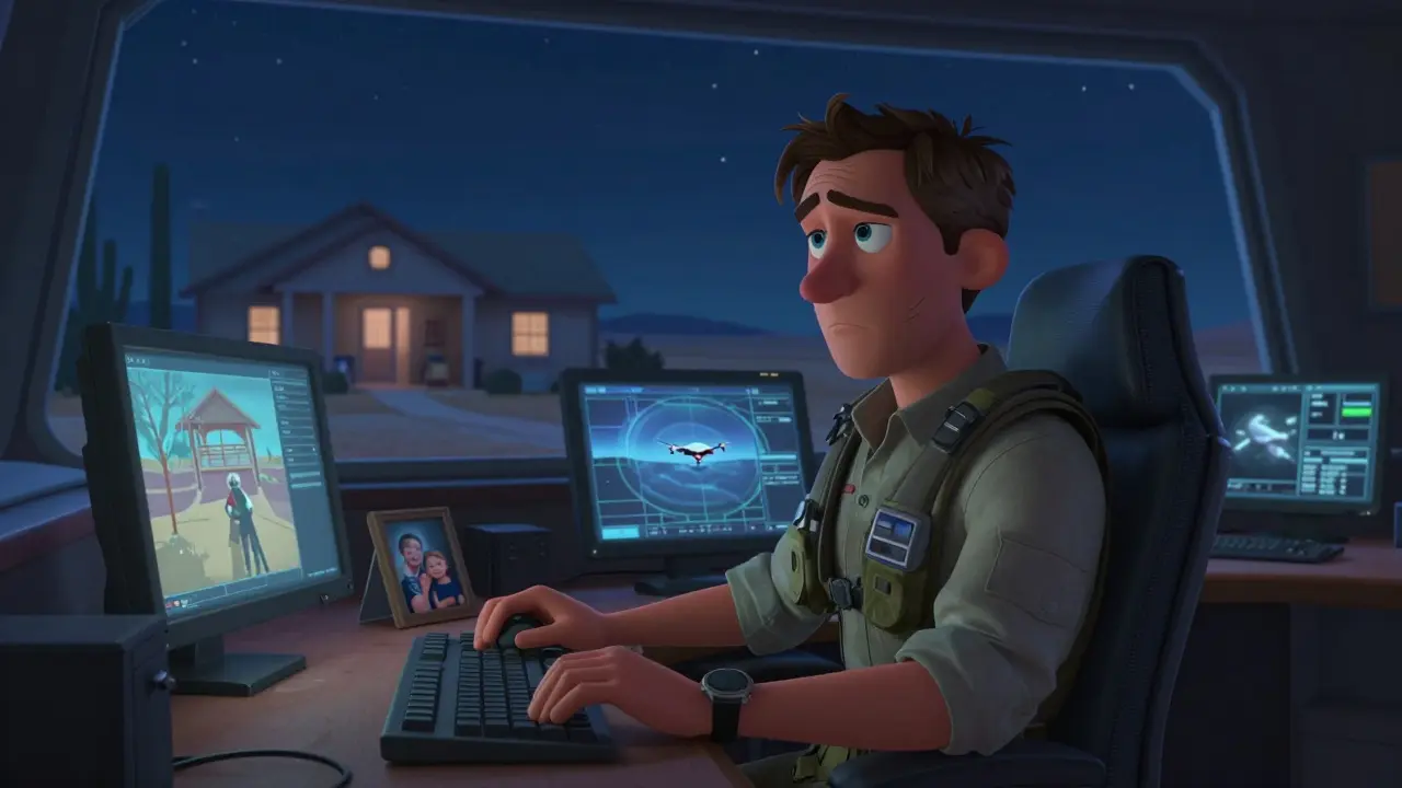 Ethan Hawke as a drone pilot in a control room, gazing at a family photo.