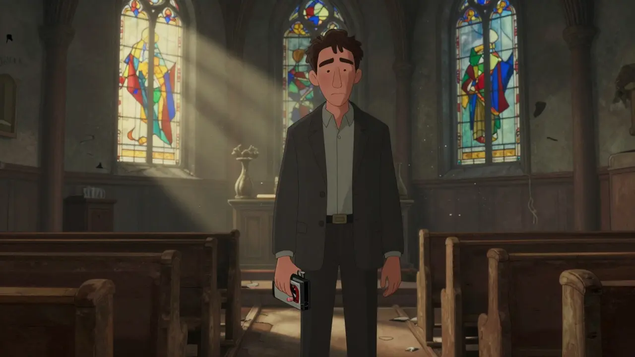 Ethan Hawke as a haunted pastor standing alone in a dim church.