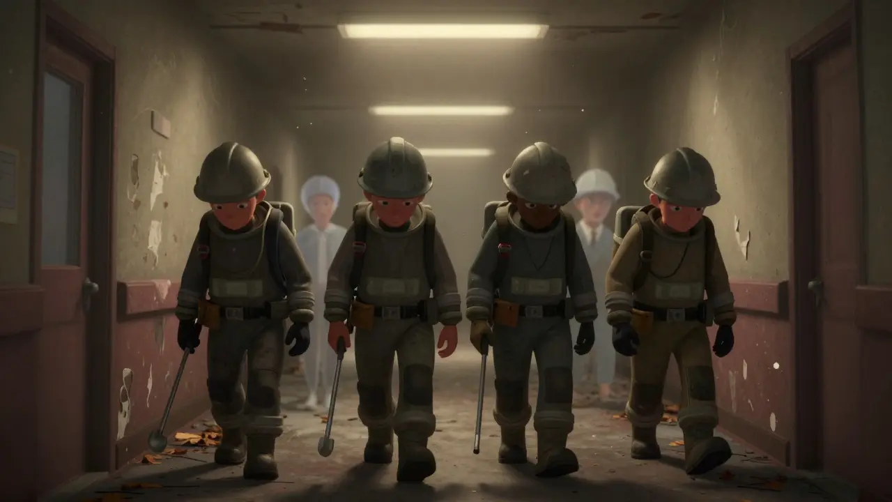 Four workers walk through a decaying asylum, faint spectral figures trailing behind them.