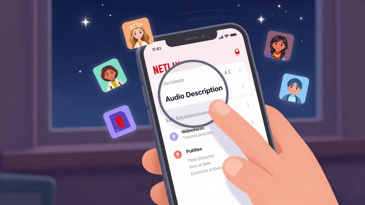 Hand tapping a smartphone to select Audio Description on Netflix, with popular show icons surrounding the menu.