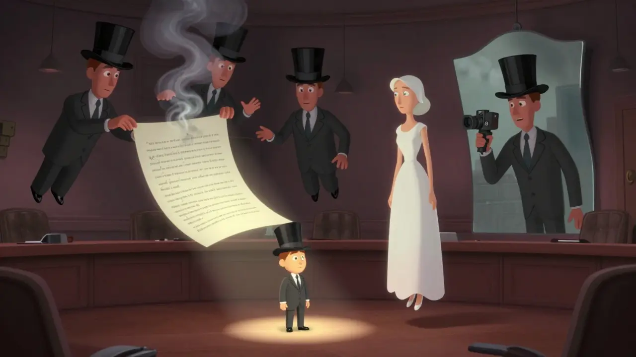 Men in top hats argue over a dissolving script while a silent muse floats above the director.