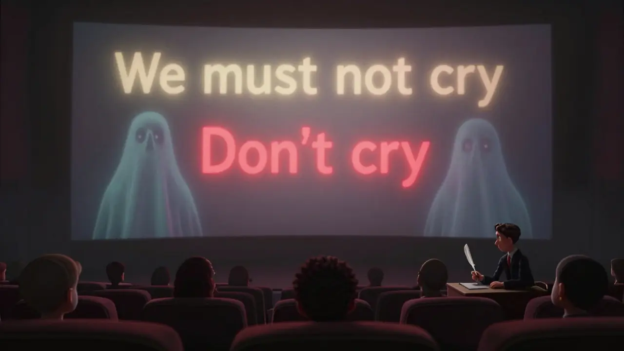 Overlapping subtitle versions float above a cinema screen, each shaping a different emotion.