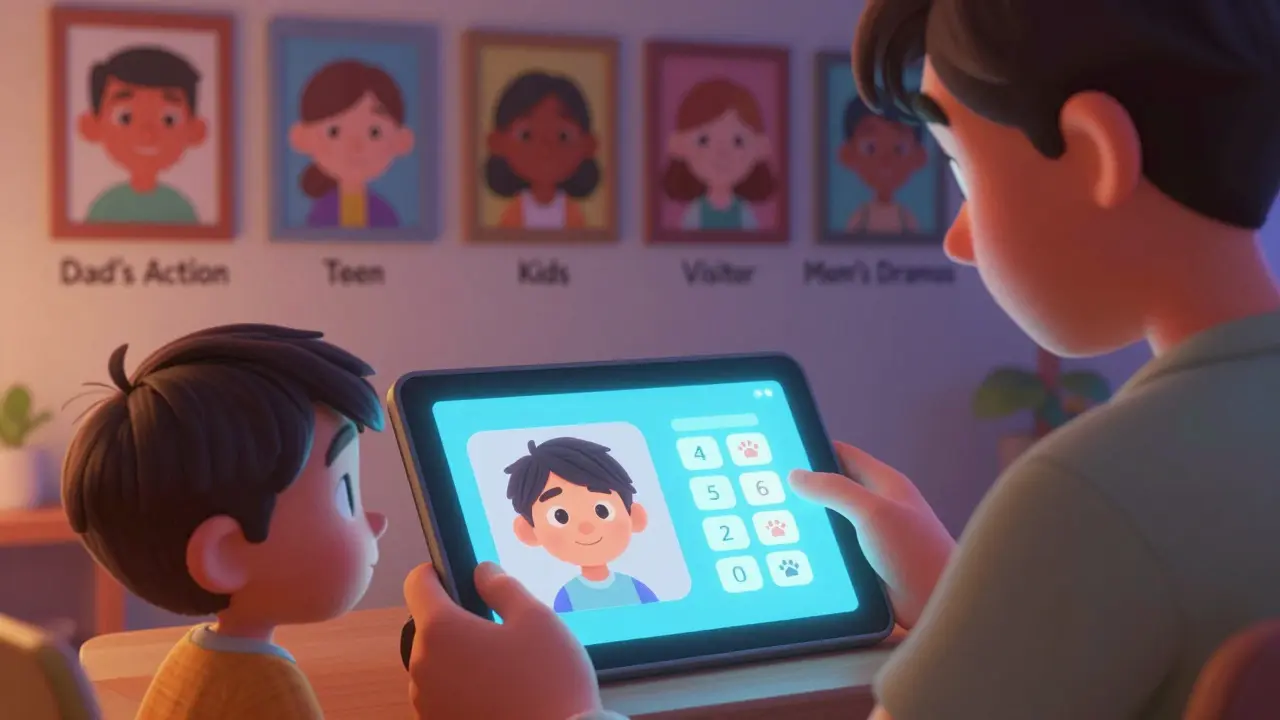 Parent helping child select a kid-friendly profile with PIN keypad visible.
