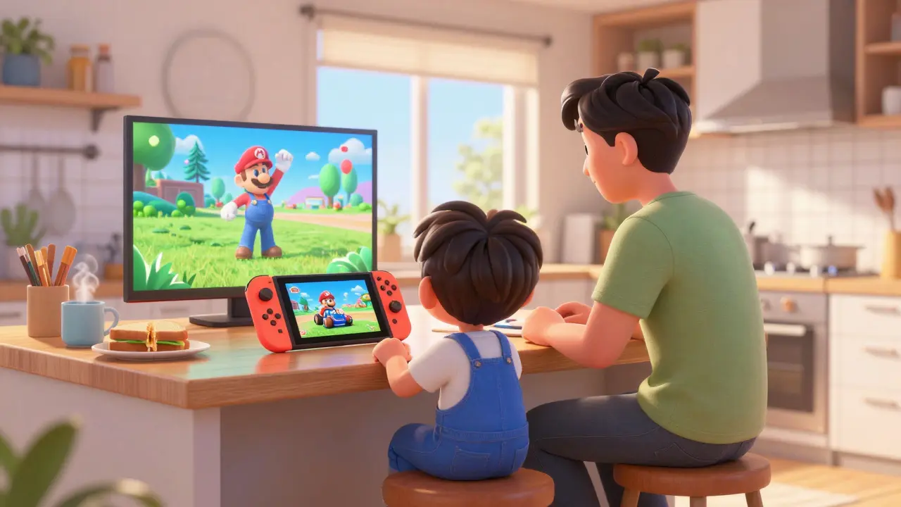 Parent watching documentary on Nintendo Switch in kitchen while child plays Mario Kart.