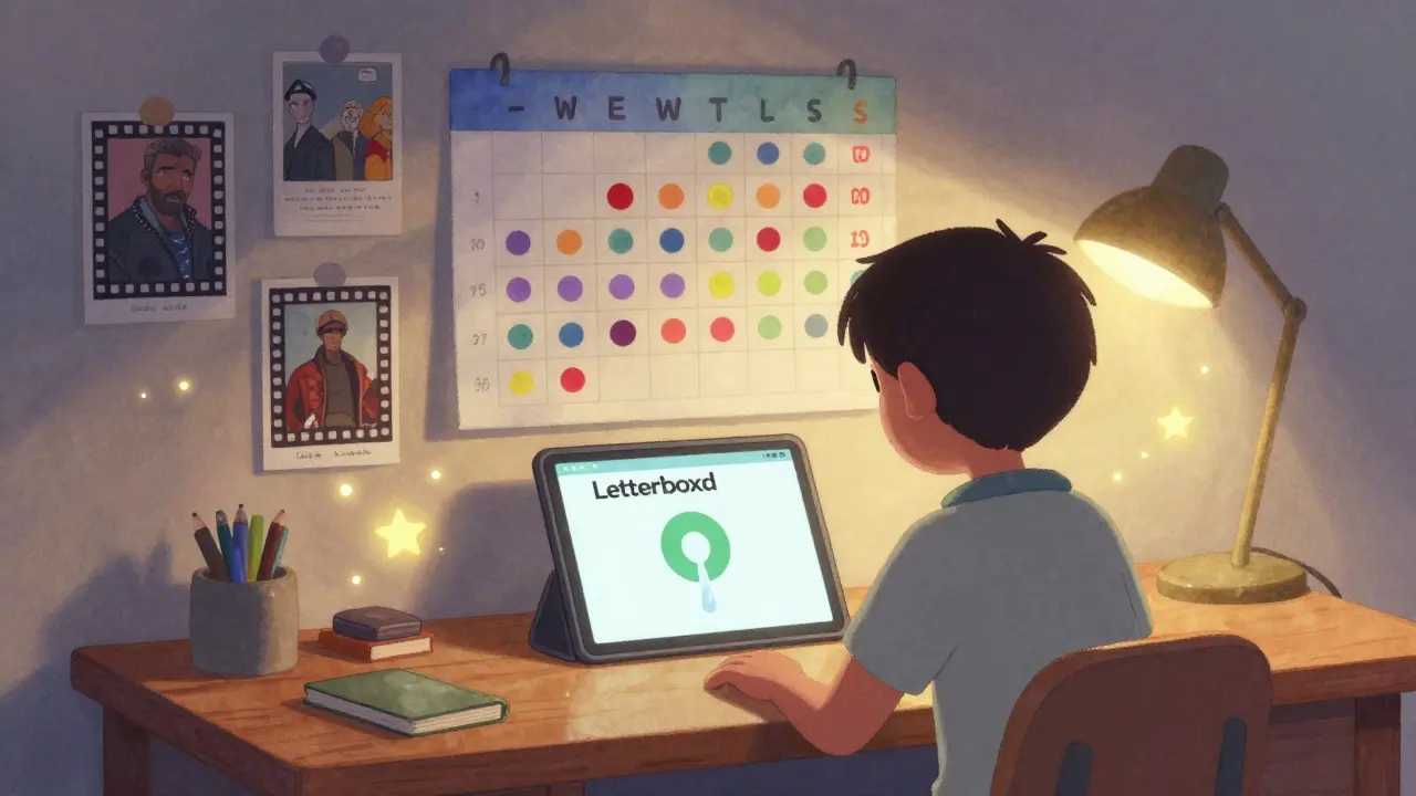 Someone writing a film review on Letterboxd, surrounded by floating stars and a calendar filled with watched movie dots.