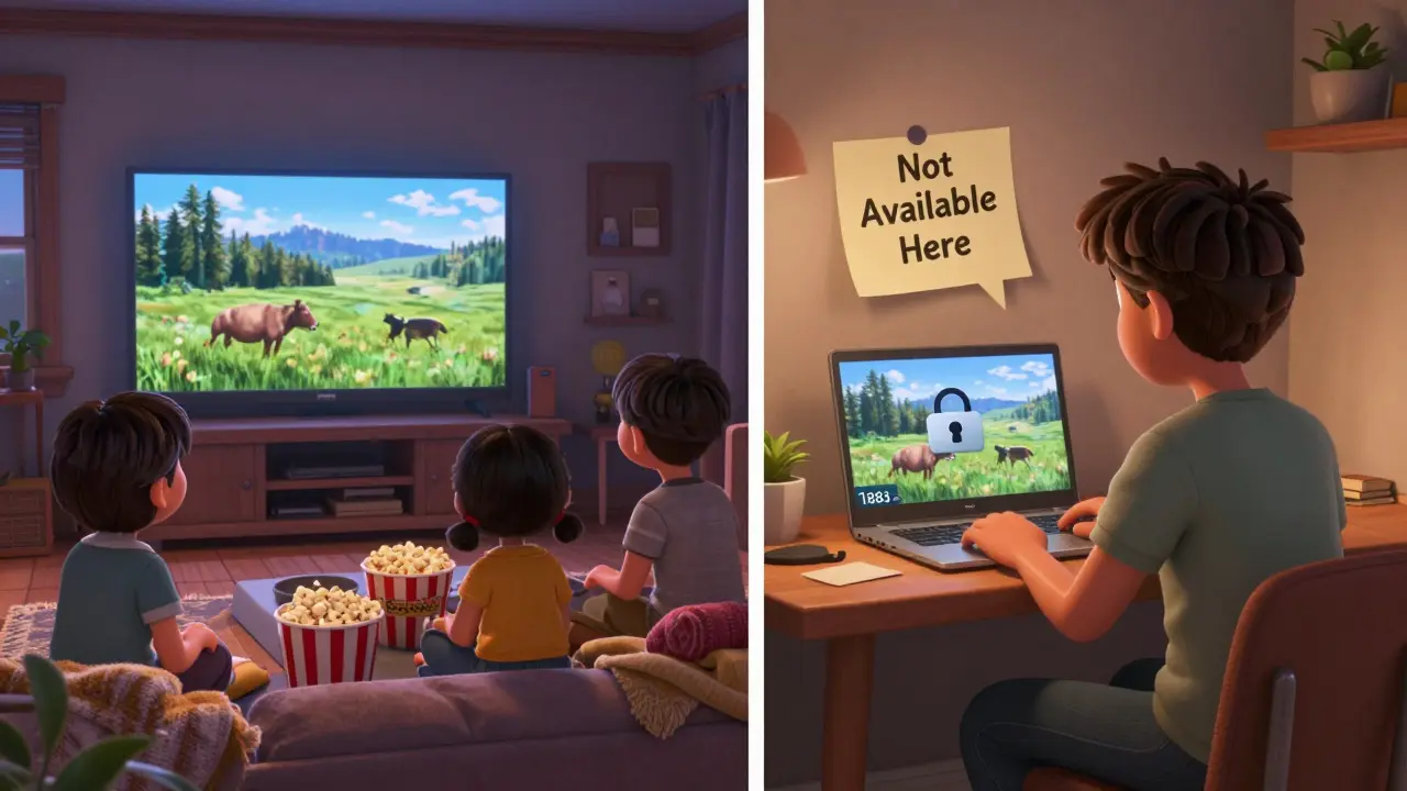 Split scene: a family in the U.S. watches Yellowstone, while someone in Germany sees a locked icon for the same show.