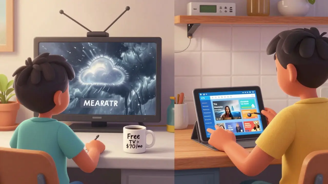 Split-screen kitchen scene showing live weather alert on antenna TV versus delayed news on a streaming tablet.