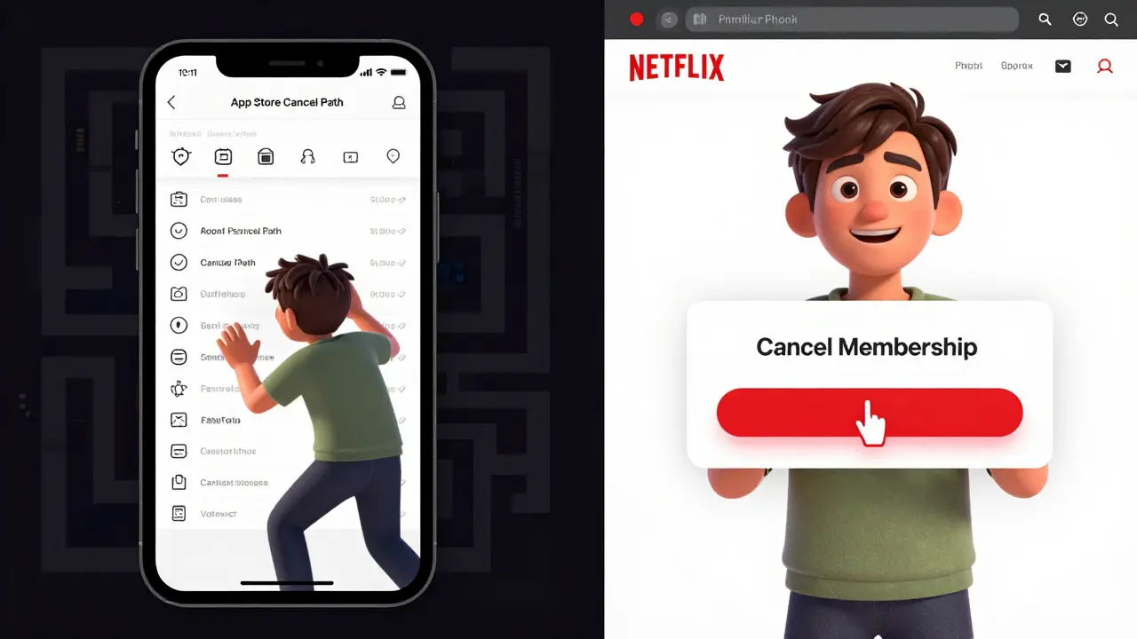 Split-screen: one side shows confusing phone settings, the other shows a simple website cancel button.
