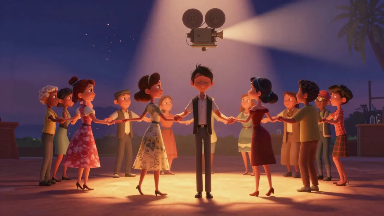 The director dances in a circle with everyone who haunted him, bathed in golden dusk light.