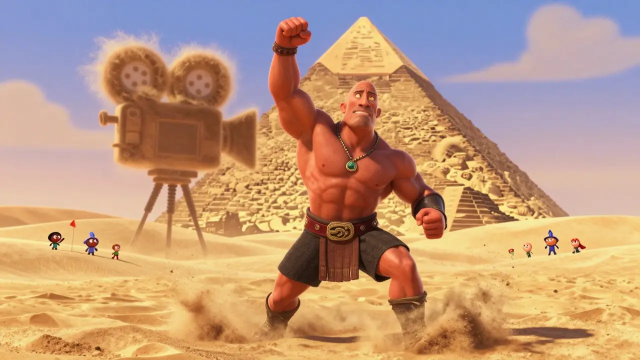 The Scorpion King on desert pyramid with movie camera made of sandstorm, Pixar style