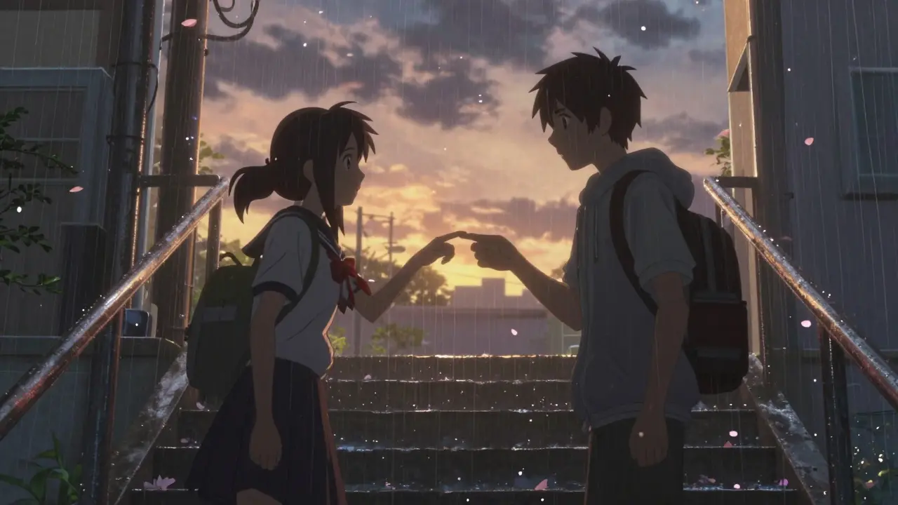 Two teenagers nearly touch hands on a rain-covered staircase at dusk, golden light surrounding them.