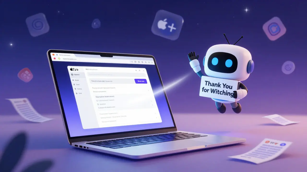 Web interface showing Apple TV+ subscription canceled, waving goodbye to a cartoon mascot.