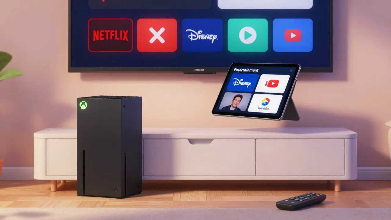 Xbox Series X showing unified entertainment hub with tablet casting content to TV.