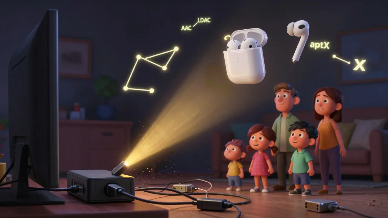 A Bluetooth transmitter sending a golden audio beam to wireless headphones, fixing sync issues with glowing codec icons.