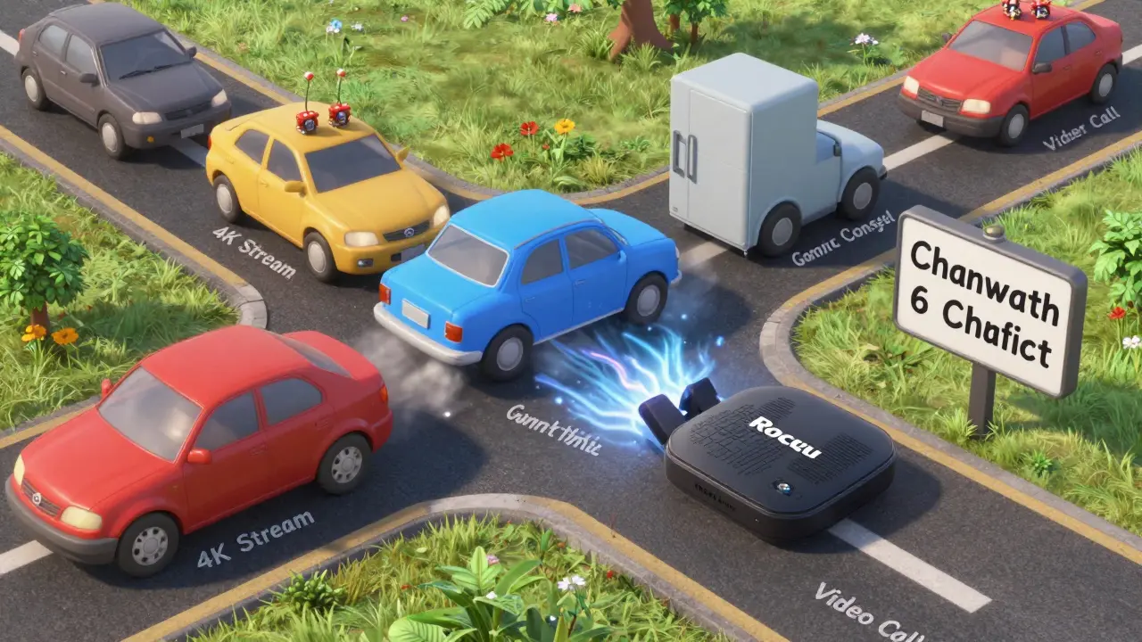 A crowded home network highway with streaming devices causing traffic jams.