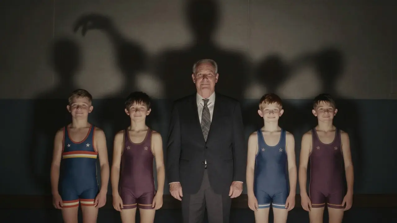 A family portrait where the sons appear fading, a dark claw shadow looms behind them.