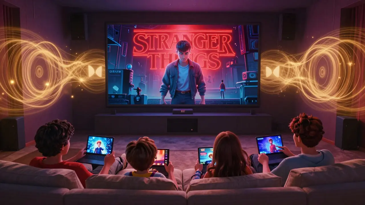 A family watching Netflix in 4K HDR with immersive sound in a home theater