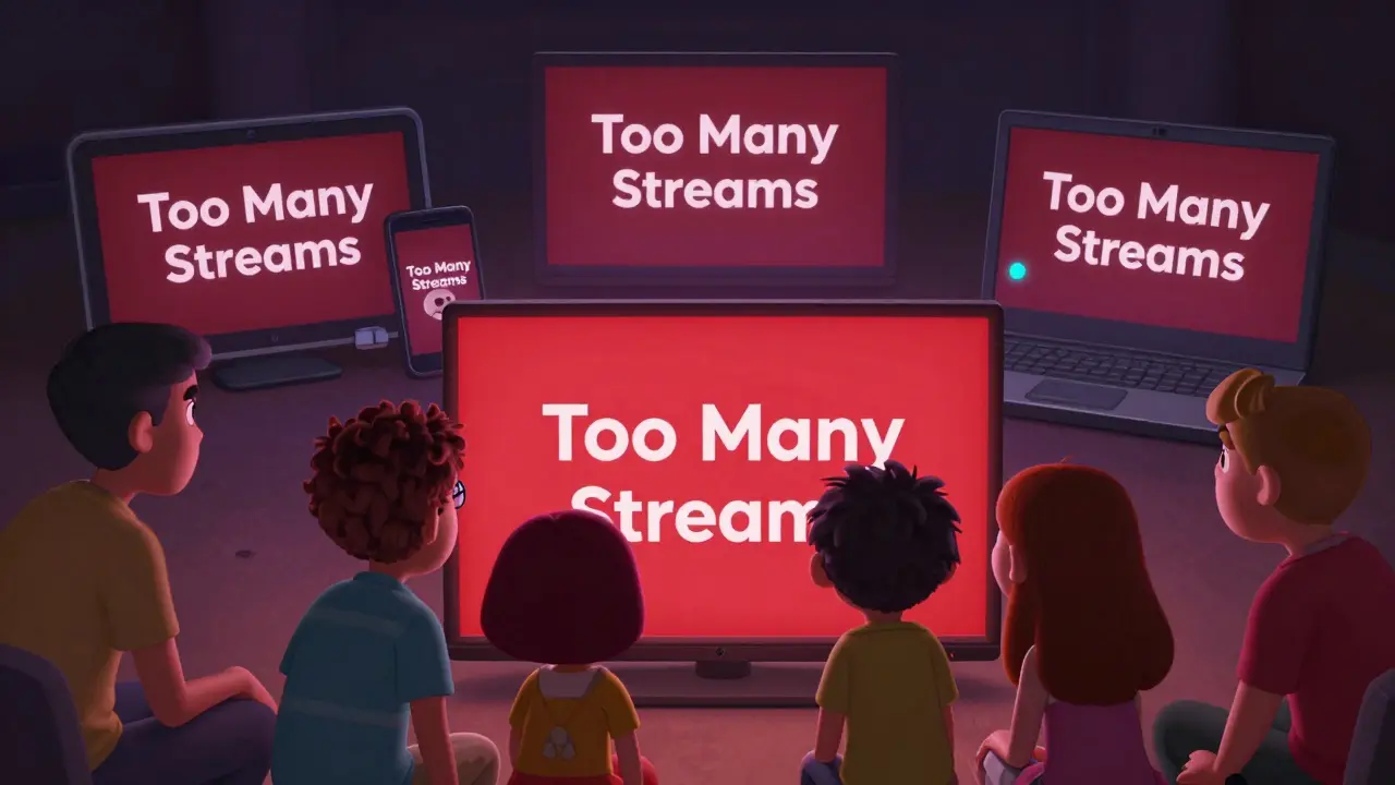 A frustrated family gathered around a TV with a 'Too Many Streams' error message, while other devices show the same error.