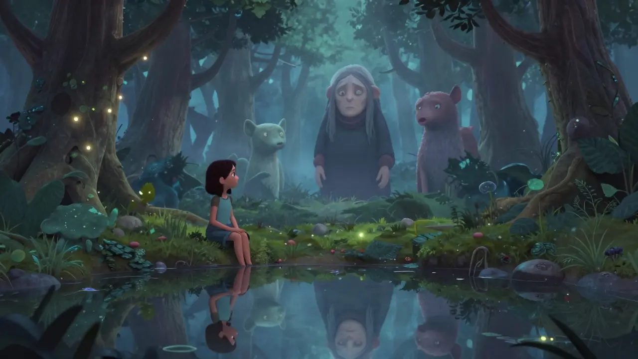 A girl's reflection in a pond shows her older self surrounded by fading, animal-shaped daemons in a magical forest.
