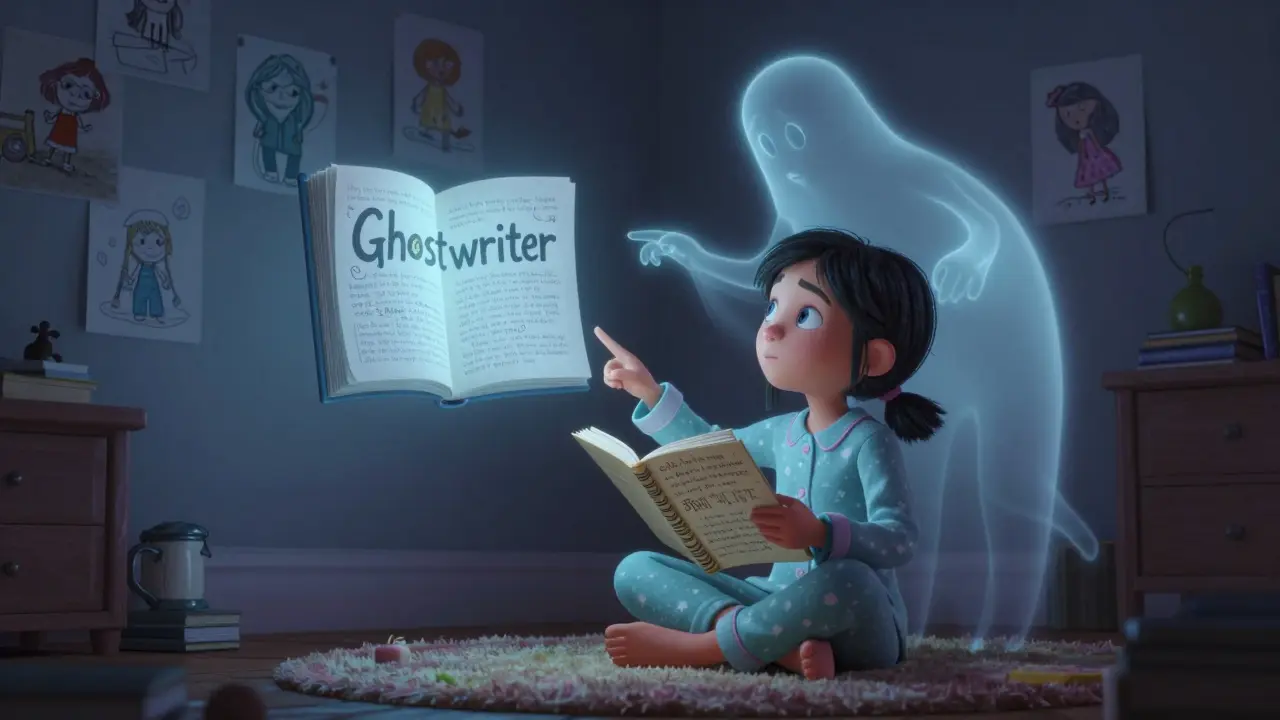 A girl writing stories inspired by Ghostwriter, with a glowing librarian beside her in her bedroom.