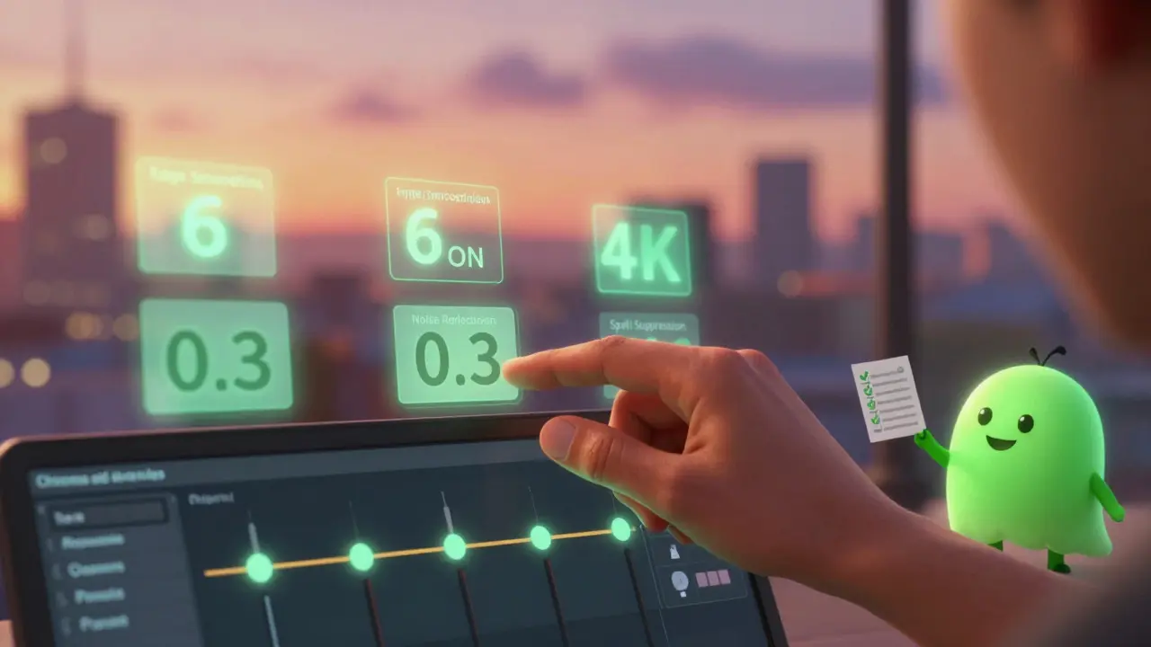 A hand adjusting OBS chroma key settings with glowing parameters and a soft animated background.