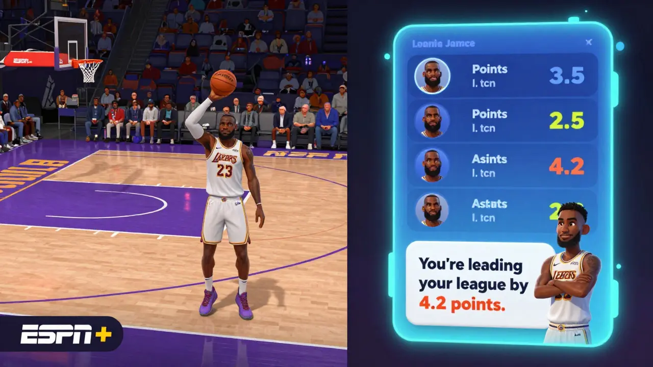 A live basketball game on TV displays real-time fantasy stats for LeBron James, overlaid with a pop-up notification about league lead.