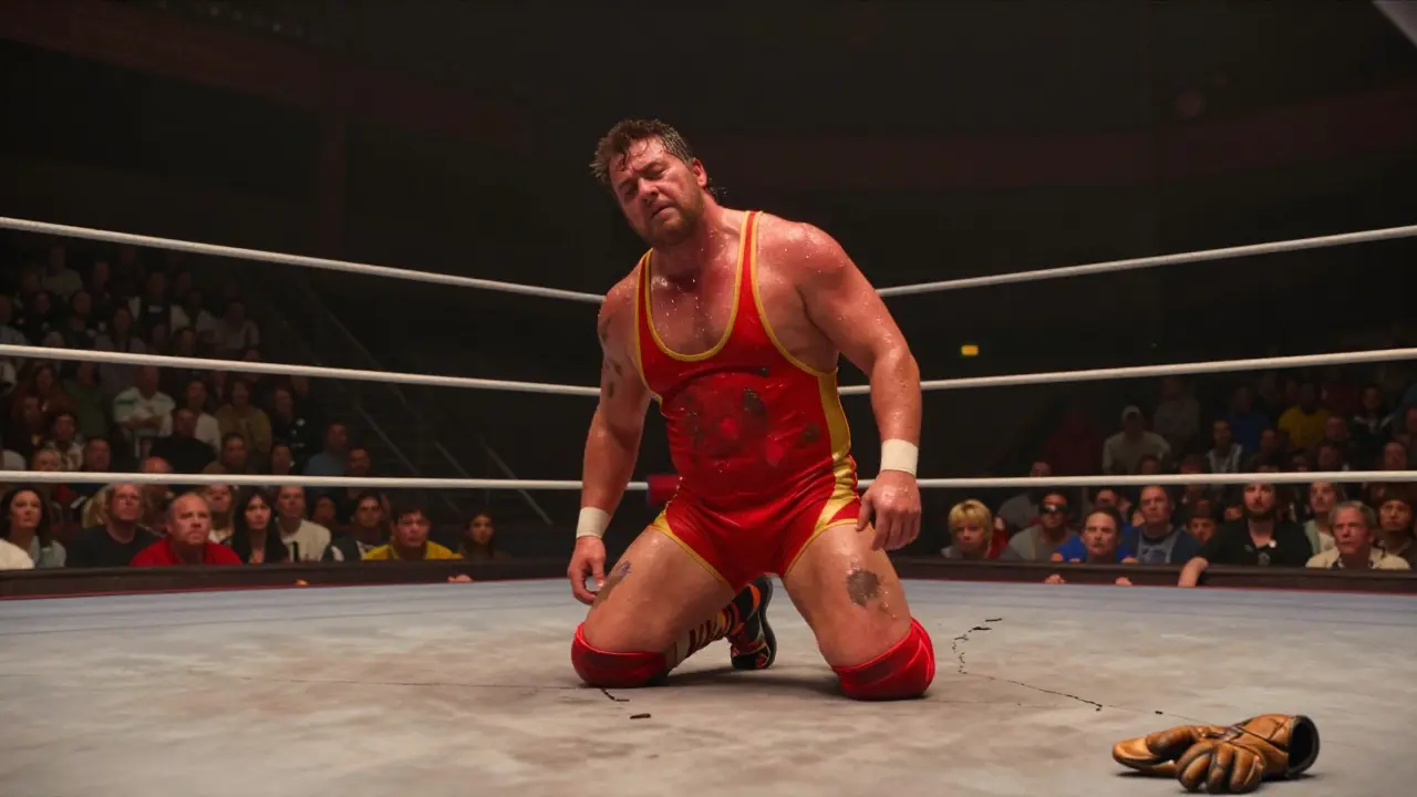 A lone wrestler performs in an almost empty arena, the crowd invisible, the ring worn and lonely.