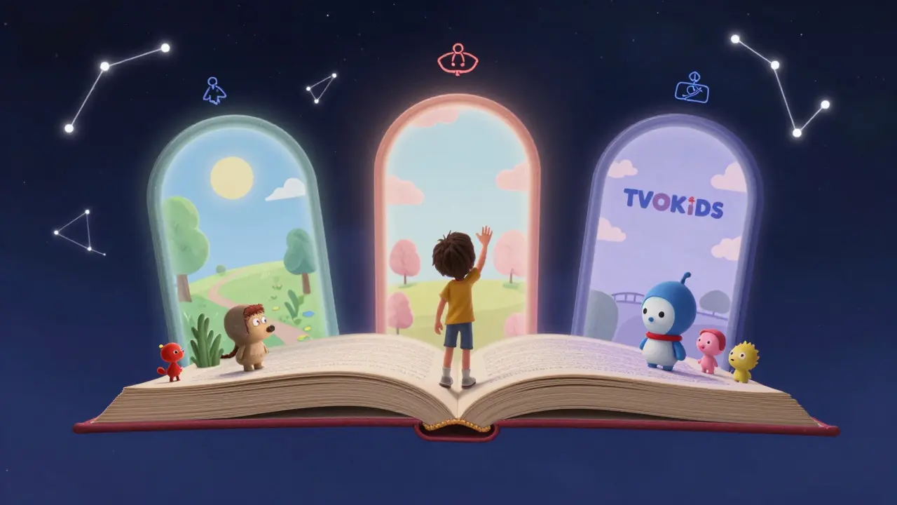 A magical book opens to reveal three gentle international kids' shows, each with calm visuals and no violence, floating in a starry night sky.