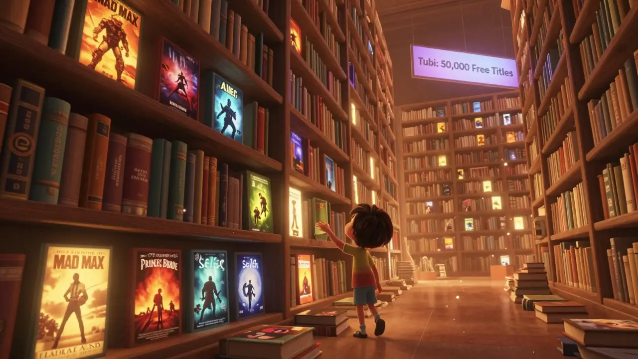 A magical library of classic movies with animated covers, representing Tubi's vast free catalog.