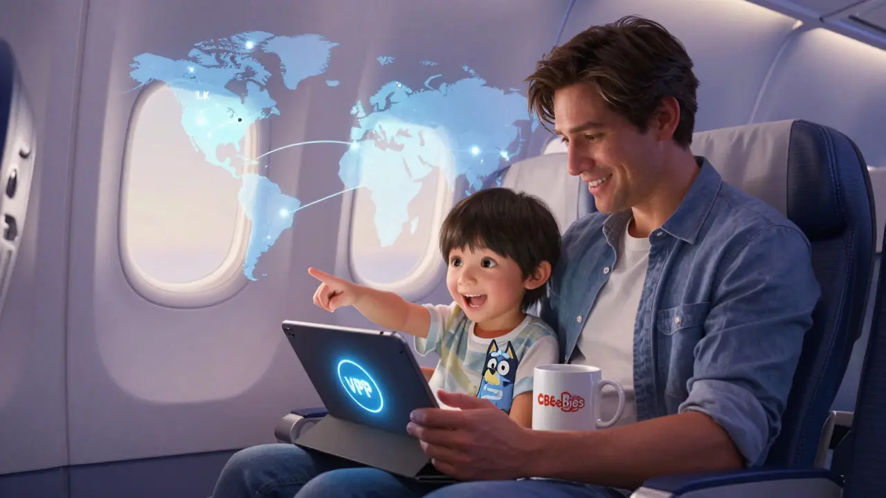 A parent and child watching Bluey on a tablet during a flight, with a glowing world map showing international streaming regions behind them.