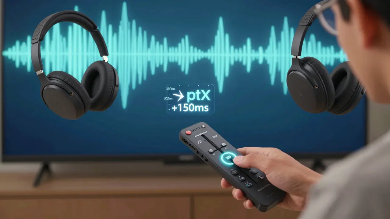 A person adjusting audio delay settings on a streaming device with a glowing +150ms slider and low-latency headphones nearby.