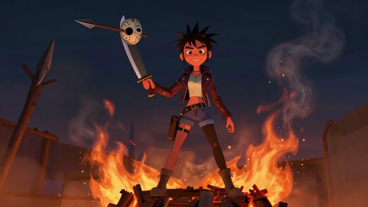A punky teen stands victorious on a burning platform, holding a machete as Jason Voorhees falls behind her.