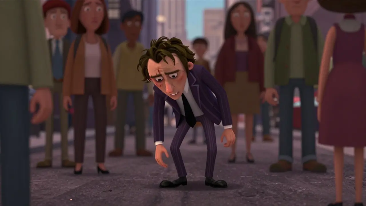 A thin man shuffles through a crowded city, hunched and twitching, surrounded by indifferent bystanders.