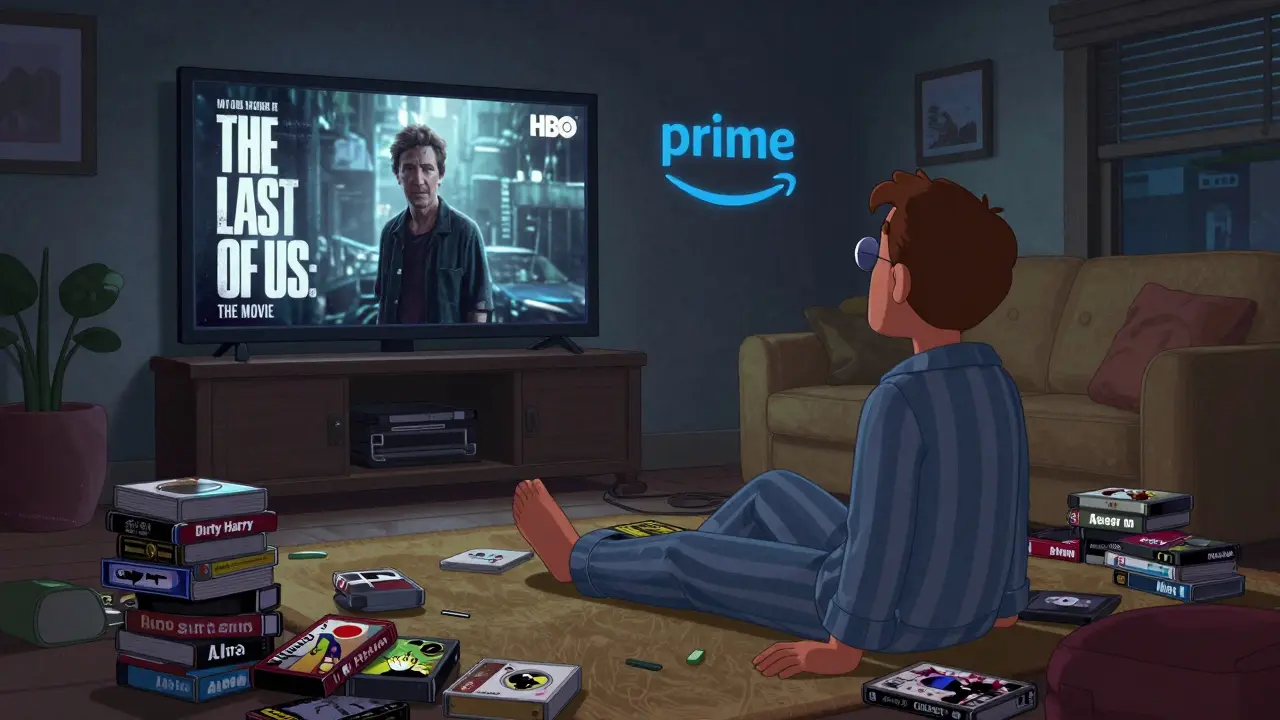 A viewer enjoying an HBO-style movie on Max while another is surrounded by classic films from Prime Video in a cozy living room.