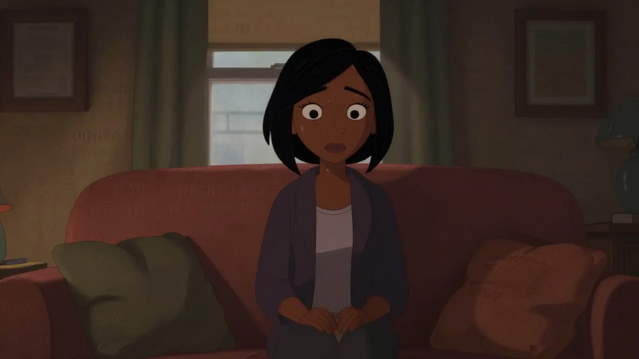 A woman sits still in a dim room, her eyes filled with unspoken emotion as light falls softly on her face.