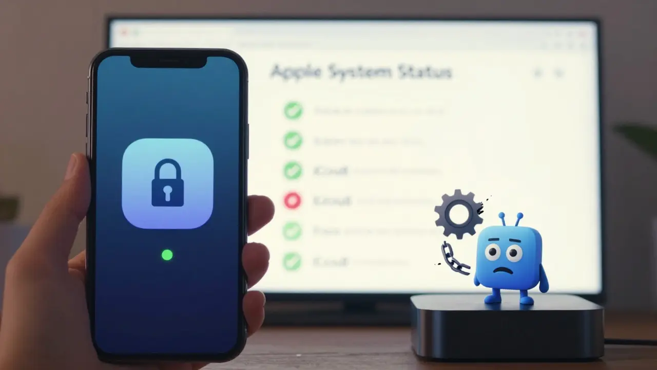 An iPhone and Apple TV show conflicting authentication icons with a glowing system status page in the background.