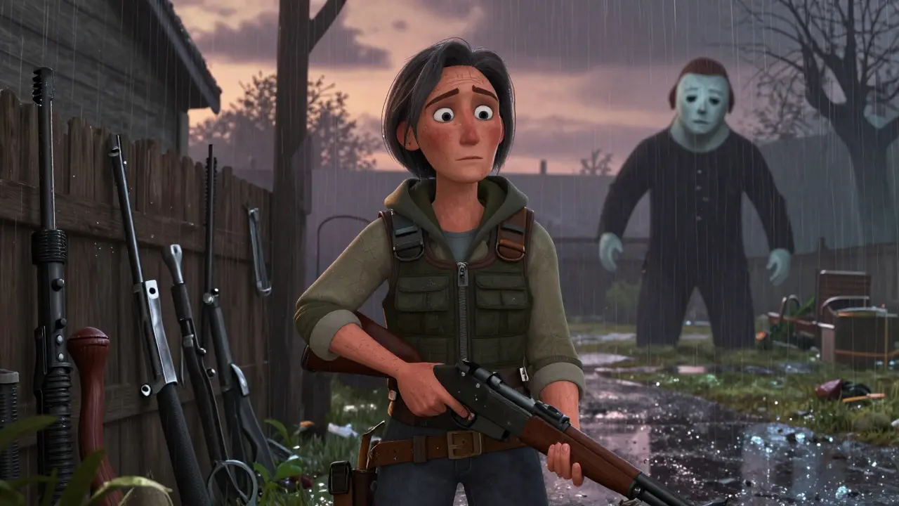 An older woman with a rifle stands in the rain at dawn, weapons behind her, as her long-time enemy falls in the distance.