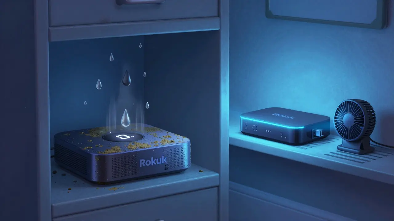 An overheated old streaming box in a cabinet next to a cool, upgraded device with a fan.