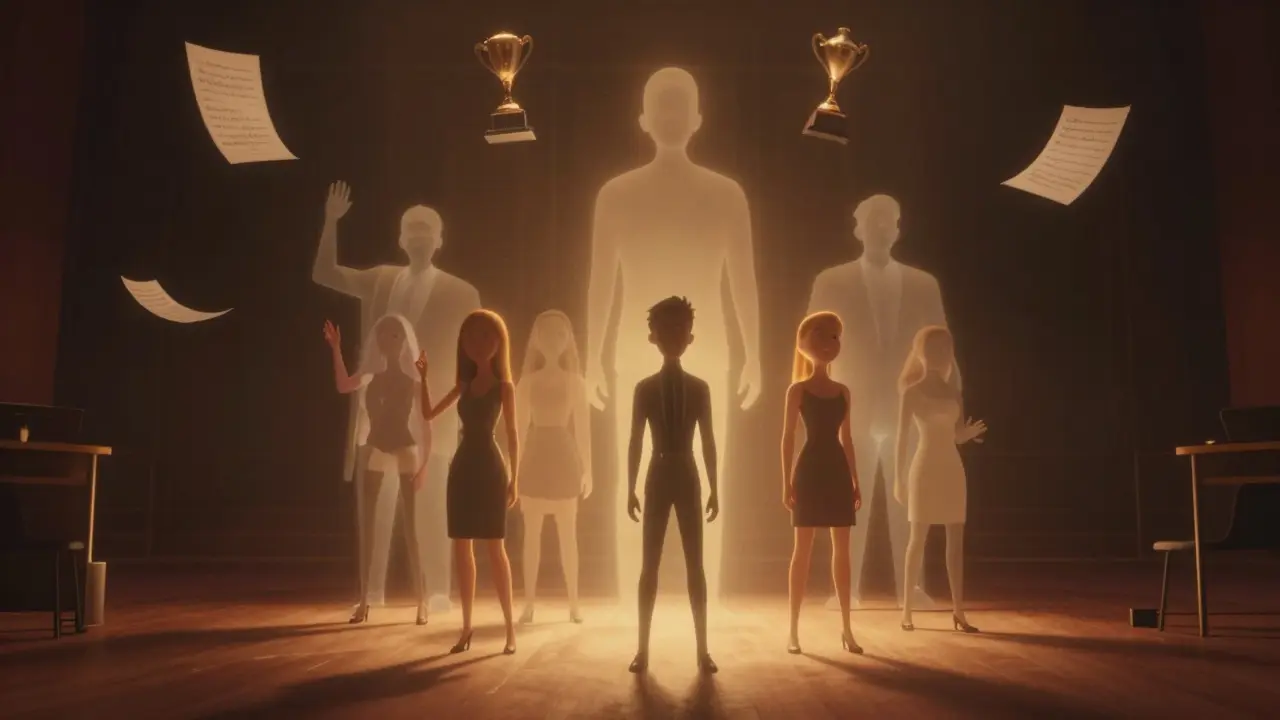 Backup singers glowing in the dark while famous artists loom above them, unseen and uncredited.