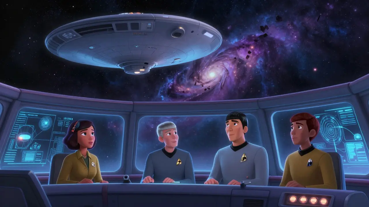 Captain Pike and crew on the bridge of the USS Enterprise as it glides through a colorful nebula.
