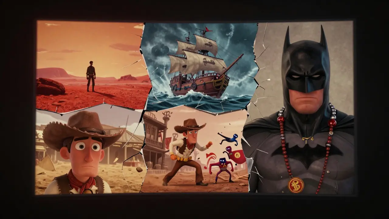 Cracked movie screen showing failed scenes: Martian landscape, sinking pirate ship, confused cowboy, superheroes disarray