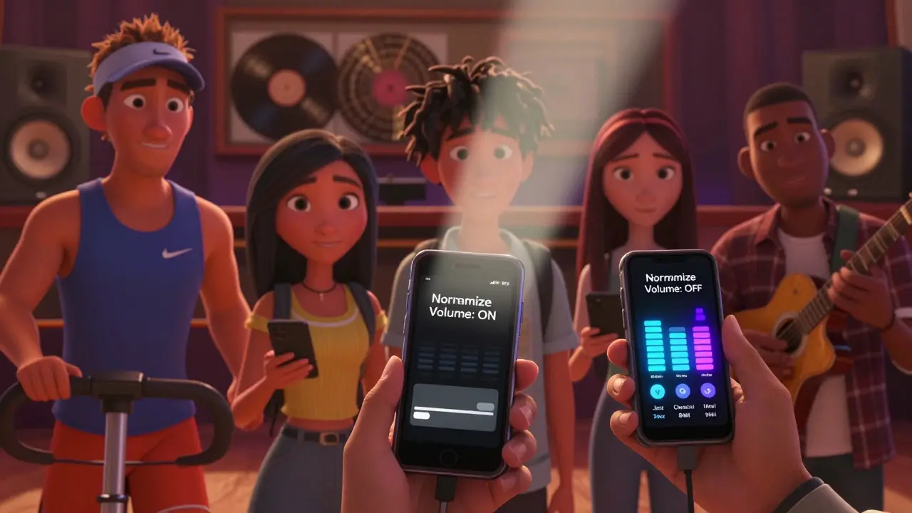 Different listeners with devices showing toggled audio settings, one with an active equalizer glowing brightly.