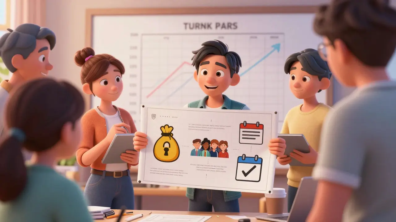 Film crew planning with symbols: locked money bag, engaged crowd, calendar checkmark, budget chart