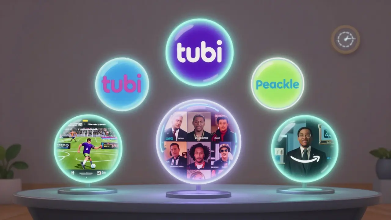Five streaming services floating as glowing orbs above users, each showing their unique content.