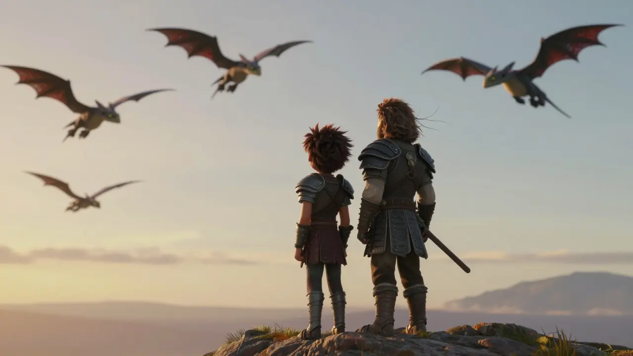 Hiccup and Stoick watch dragons fly freely for the first time, standing side by side in quiet awe.