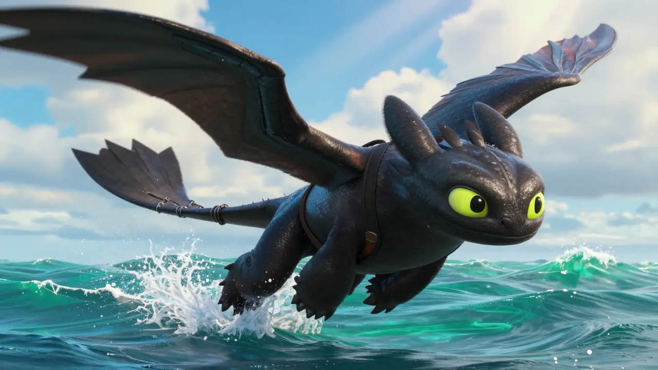 Hiccup and Toothless soar through the air together for the first time, sunlight catching their wings and prosthetic tail.