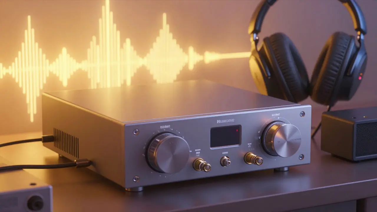 High-end audio gear with detailed sound waves in warm lighting.