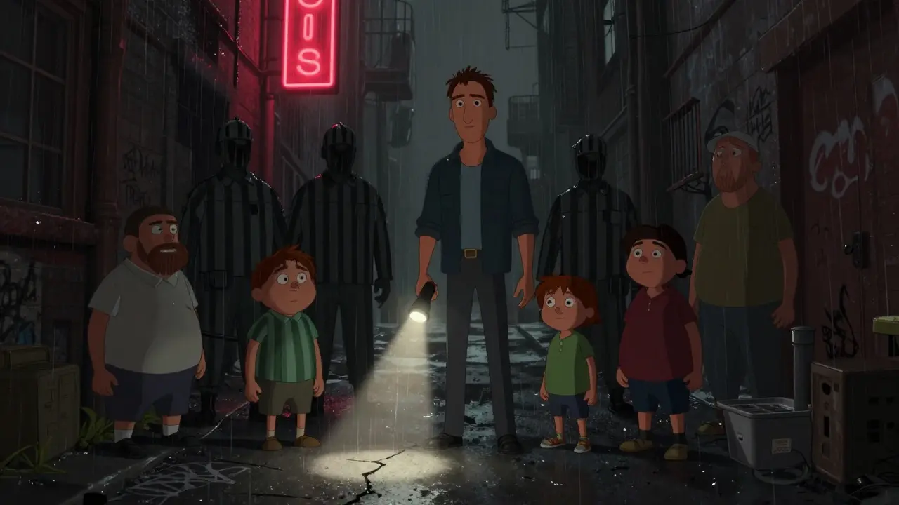 Mike McLusky in a rainy Kingstown alley with a flashlight, shadows of prison guards behind him.