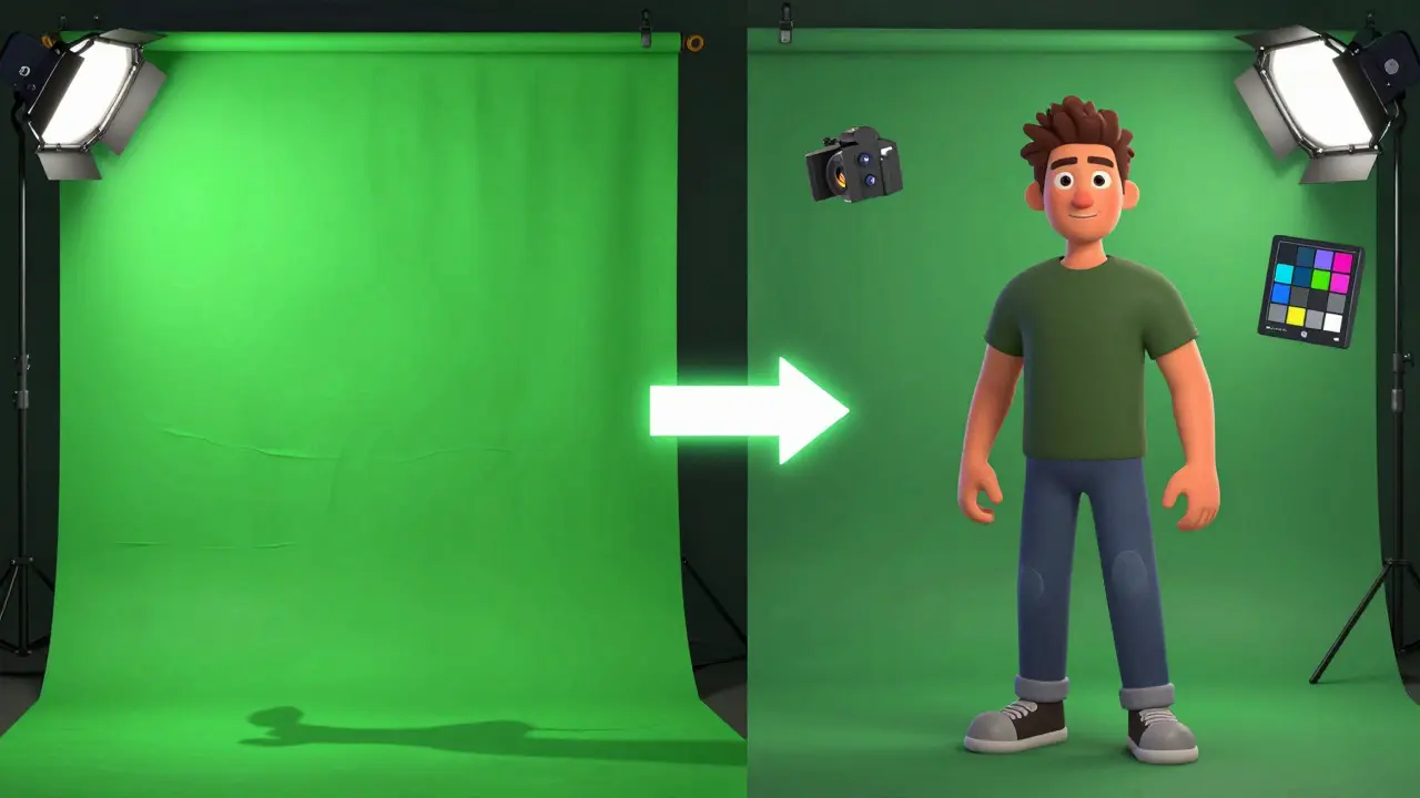 Side-by-side: messy green screen vs. professional setup with lighting and OBS settings highlighted.