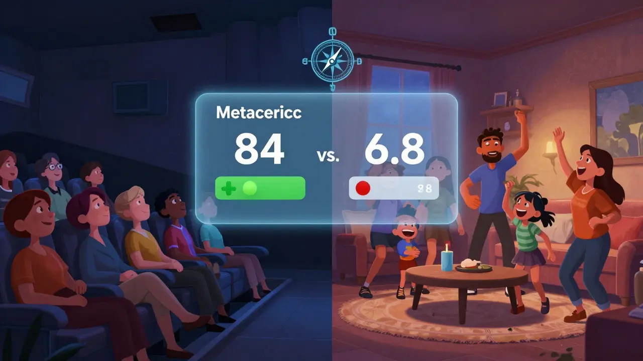 Split-screen showing critics enjoying an art film and families loving a blockbuster.